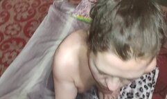 Blowjob in bedroom and cum on pubic hair