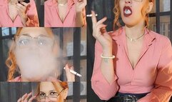 Secretary blows smoke in your face - 100s cigarette