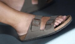 Two type of shoes, birkenstock and flats sandals, beauty feet, candid foot fetish watching