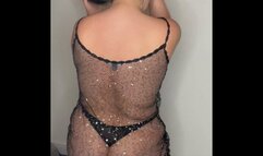 BBW dances in fishnet dress