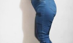 Blue jeans WET! Grey panties and wet feet