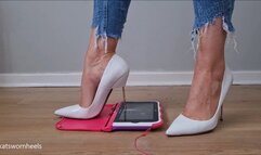 Kat Crushes a Tablet Under Her Sharp White Metal Stilettos