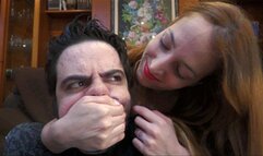 Kevin handgagged by Liz Rainbow!