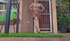 Milah Arches leather skirt and nude Pantyhose teasing