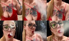 Having fun listening to music and smoking for you - Marlboro reds - Smoke rings - Deep Inhales - Crush - Coughing - Long red leather dress - Long red nails - Red lipstick - High heels