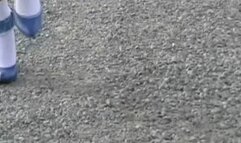 KsSunflwr, denim trim frilly socks and blue heels pedal pump