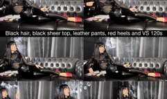 Black hair, black sheer top, leather pants, red heels and virginia slims 120s