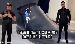 Unaware giant business man Body climb and explore