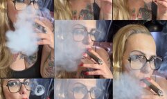 Close-up CIGAR - Smoke rings, Nose exhales, Long Hair, Long nails, red lipstick, red nails