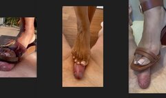 Holiday shoejobs (Ted Baker block heel sandals messy soles, Birkenstock slide with cigarette crush, bare footjob)