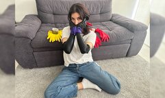 Yellow-Red-Black Gloves Showcase: Selfgag, Handgag, Duct Tape, Microfoam, Bandana Cleavegag & Tied Hands