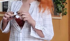 Smoking cork at home in panties, bra and open shirt