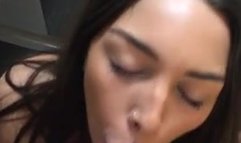 Cute brunette sucks a big dick dry