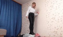 Very tall young blonde tramples chest of the man lying on the floor, vf2701h 720p
