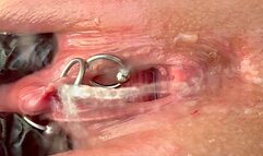 Pee very strong stream from my Pierced Pussy and my hands in Latex Glove