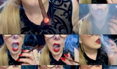 Close-up More Menthol 120s - Deep Inhales, Nose exhales, Coughing, red lipstick and long red nails