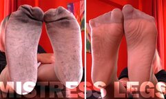 Mistress foot tease in dirty white socks over pantyhose