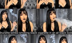 Brunette Bimbo smoking black cigarettes in leather top, black lips, black smokey eyes and long nails!