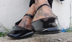 Giantess unaware Black Ballet slippers toe tapping shoeplay