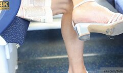 Pretty mature wrinkled feet in sexy sandals, shoe fetish watching, candid foot fetish