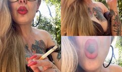 Marlboro reds 100s - Beautiful blonde smoking in the park, long hair, Red lips and long red nails - Crush - Deep Inhales - Mouth Inhales and open mouth exhales