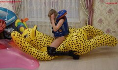 Alla has a hot ride on an elastic inflatable cheetah!!!