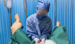 Asian Takara gives a hand job to a man's genitals in a surgical gown