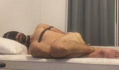 straight homeless man hogtied on my bed with pet collar