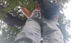 Avi Giantess Towers over a tiny shrunken man unaware is there she almost steps on him pick him up takes a walk with him then decides to eat him because she's hungry then shows her full happy belly