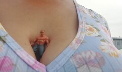Bouncy big boobs Giantess unaware milf cleavage ride for tiny shrunken stepson
