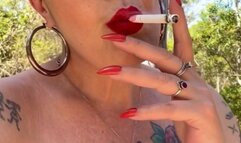 Dunhill - Smoking in the park - Deep Inhales - Mouth Inhales - Mouth exhales - Crush - Long red nails and red lipstick