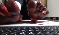 Playing with blue and red paint on my feet