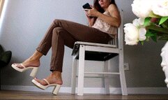 Toe tapping in brown pants and platform sandals WMV