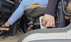 Katherine pedal pumping and driving a huge truck on sexy black heels