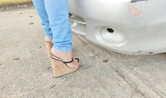 Stephanie sexy cranking and pedal pumping battle with her lazy car