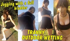 Jogging with a full bladder! Great tranny wetting with a huge beam straight down!