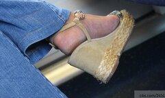 candid wrinkled mature feet in sandal wedges, nice foot fetish view