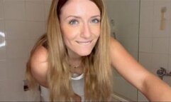 Toilet fetish on a white dress, heels and garters