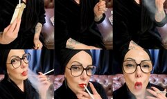 Close-up Virginia Slims 120s - Deep Inhales, Mouth Inhales, Mouth exhales, Multiples pumps, Nose exhales, Coughing, Red lipstick, Long nails