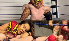 male jobber dominated with scissor holds, low blows and submission