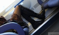Brat girl with long boots on train seat, candid foot fetish, nice nylon legs