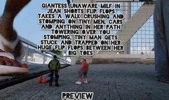 Mkv Giantess unaware milf in jean shorts Flip flops takes a walk crushing and stomping on tiny men, cars and anything in her path Towering over you Stomping, Tiny man gets Stuck and Trapped on her Huge Flip Flops Between her Big Toes