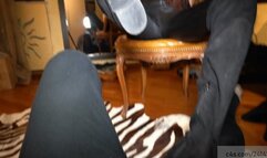 Cruel femdom uses a stupid man how footstool to clean her several type of boots, ball stomping and soles cleaning on cock