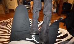 Cruel femdom uses a stupid man how footstool to clean her several type of boots, ball stomping and soles cleaning on cock - part 2