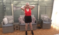 MILF strips in red leotard and miniskirt