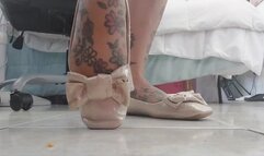Giantess unaware Gold Flat Ballet slippers shoeplay toe topping dipping dangling