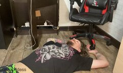 Footstool under high heels and slaves hands under My office chair wheels