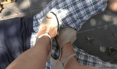 Ball stomping how a footstool, carpet man uder high heel sandals and sneakers, cleanin soles on cock