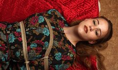 Anne: barefoot girl in flower dress, hogtied on the floor with hemp rope, wiggles and poses (HD MOV)
