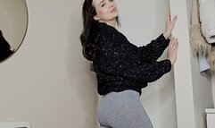 Grey leggings blue panties wetting peeing